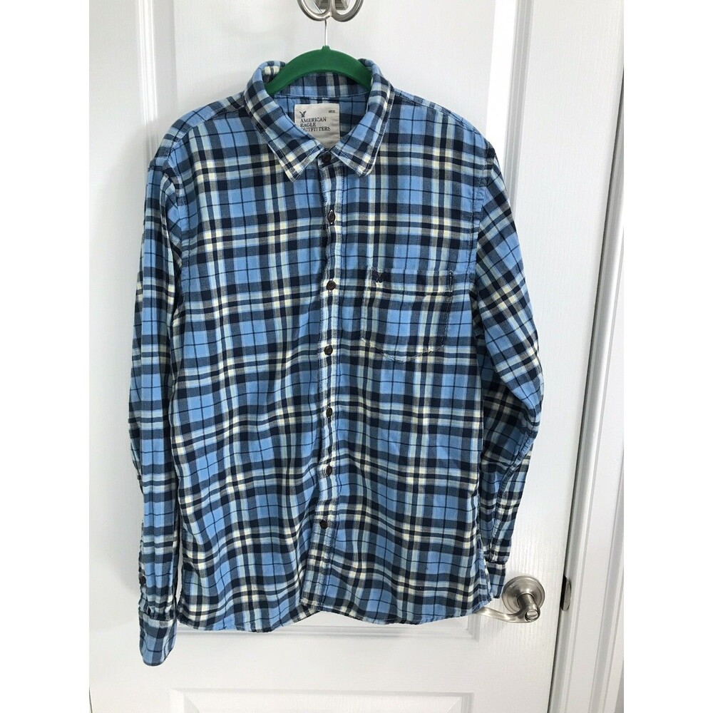 American Eagle Outfitters Mens Large Classic Fit Blue Plaid Button Down Shirt